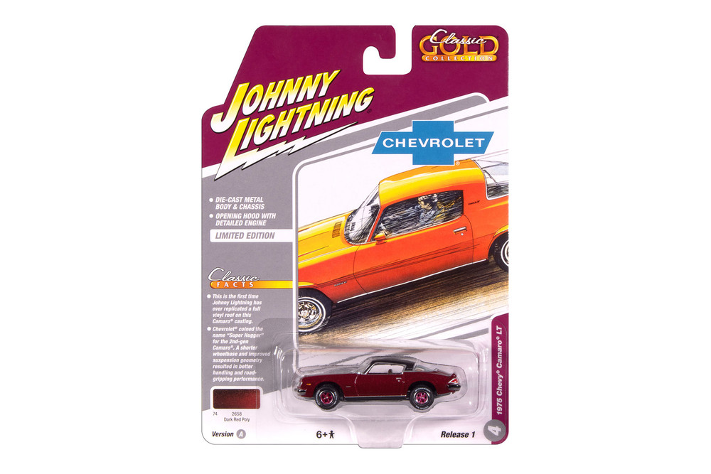 1975 Chevy Camaro LT, Dark Red Poly w/Flat Black Roof - Johnny Lightning JLCG033/48A - 1/64 Scale Diecast Model Toy Car