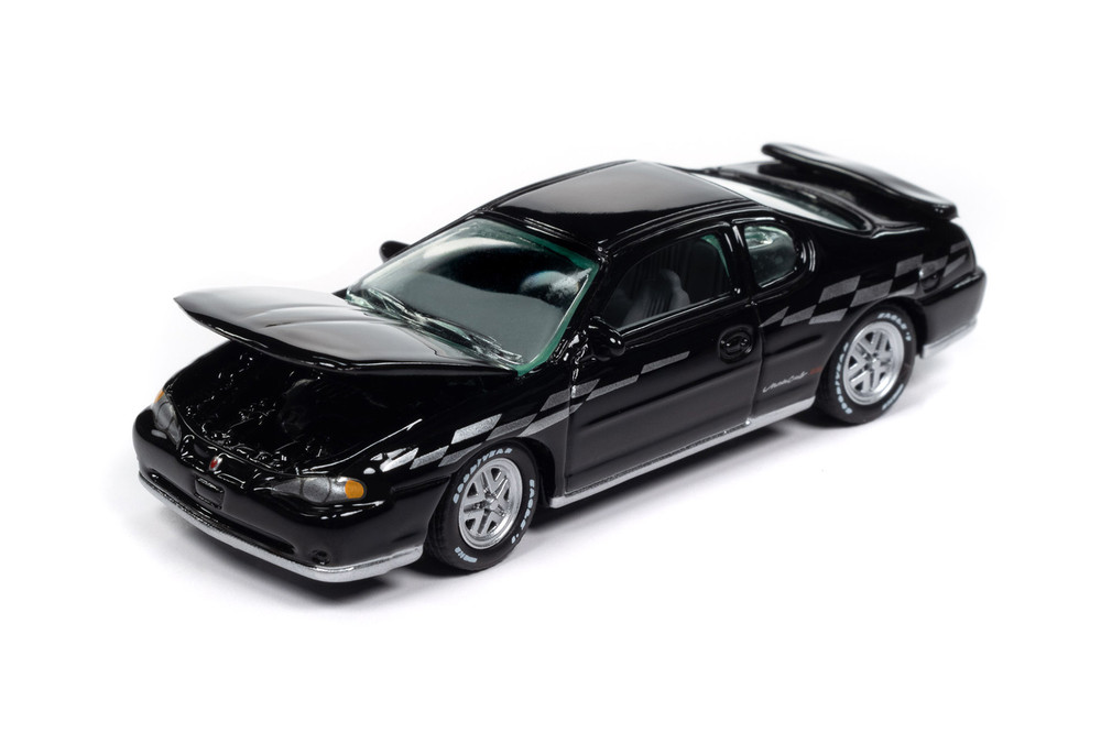 2000 Chevy Monte Carlo SS, Gloss Black w/Silver Checkered Side - Johnny Lightning JLSP391/24B - 1/64 Scale Diecast Model Toy Car