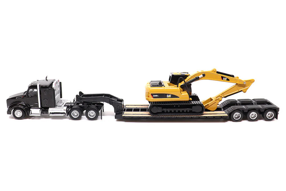 Kenworth T880s SBFS 40in-Sleeper Tandem Tractor w/Lowboy Trailer & Cat 320D l Hydraulic Excavator, Black/Yellow - Diecast Masters 84420 - 1/87 Scale Diecast Model Toy Car