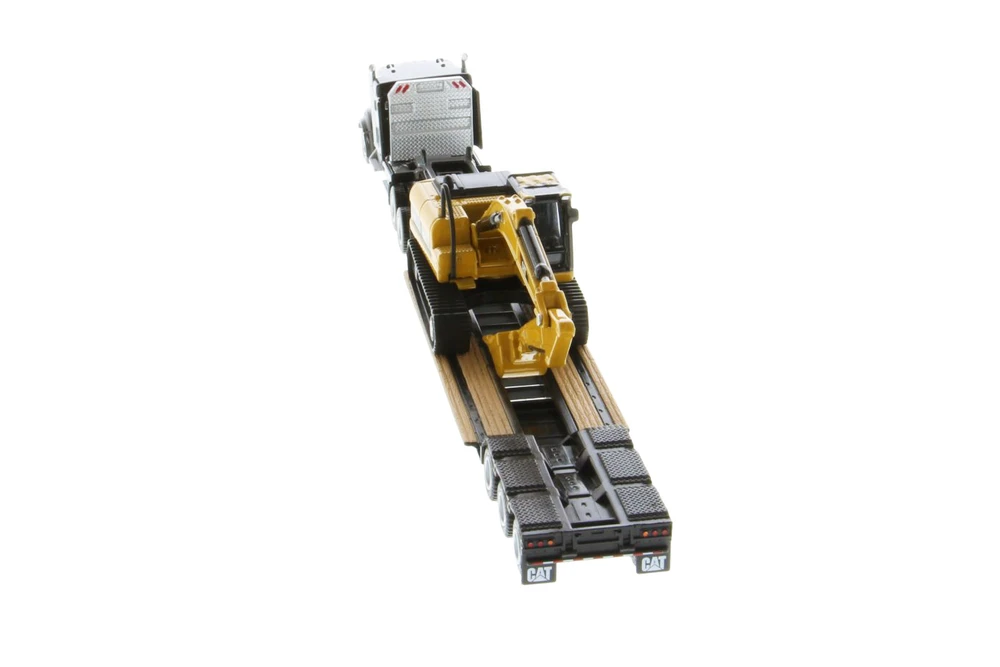 Kenworth T880s SBFS 40in-Sleeper Tandem Tractor w/Lowboy Trailer & Cat 320D l Hydraulic Excavator, Black/Yellow - Diecast Masters 84420 - 1/87 Scale Diecast Model Toy Car
