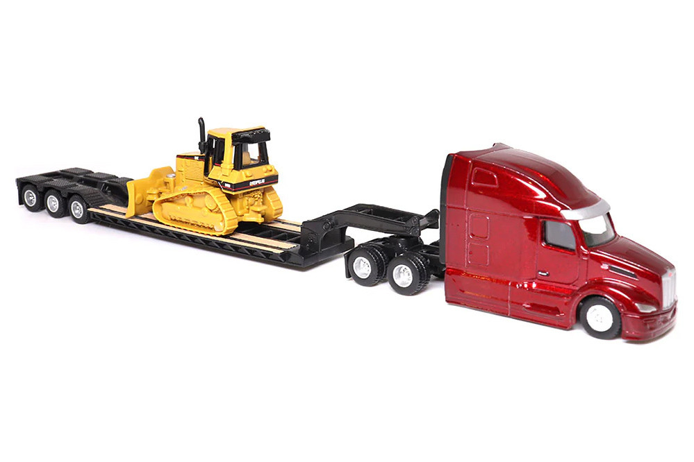 Peterbilt Model 579 UltraLoft Tandem Tractor w/Lowboy Trailer & Cat D5M Dozer, Red/Yellow - Diecast Masters 84419 - 1/87 Scale Diecast Model Toy Car
