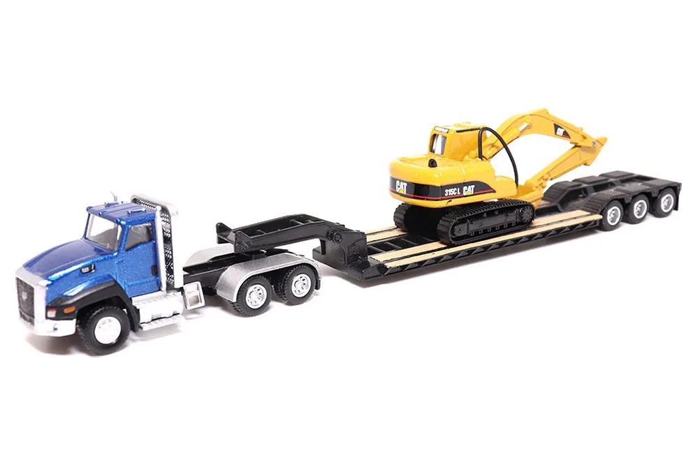 Caterpillar CT660 Day Cab Tractor w/Lowboy Trailer & Cat 315C L Hydraulic Excavator, Blue/Yellow - Diecast Masters 84415 - 1/87 Scale Diecast Model Toy Car