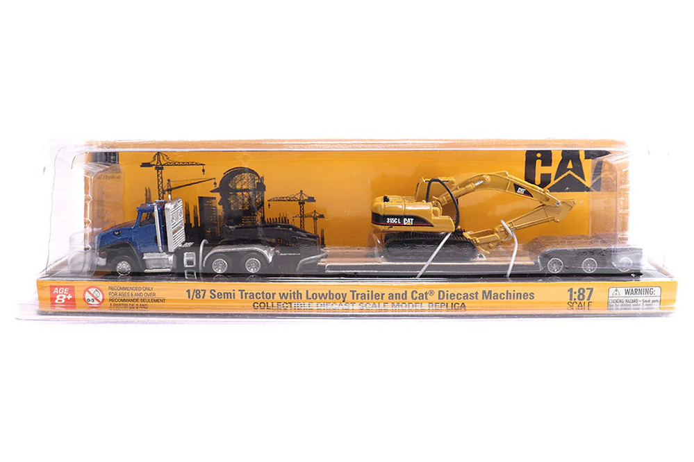 Caterpillar CT660 Day Cab Tractor w/Lowboy Trailer & Cat 315C L Hydraulic Excavator, Blue/Yellow - Diecast Masters 84415 - 1/87 Scale Diecast Model Toy Car