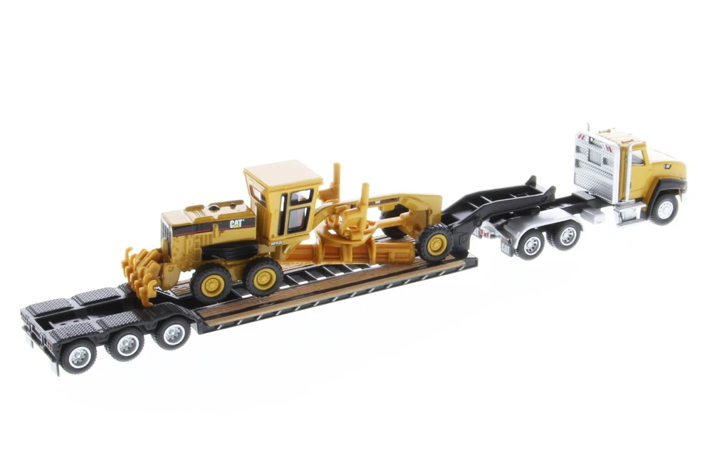 Caterpillar CT660 Day Cab Tractor w/Lowboy Trailer & Cat 163H Motor Grader, Yellow - Diecast Masters 84414 - 1/87 Scale Diecast Model Toy Car