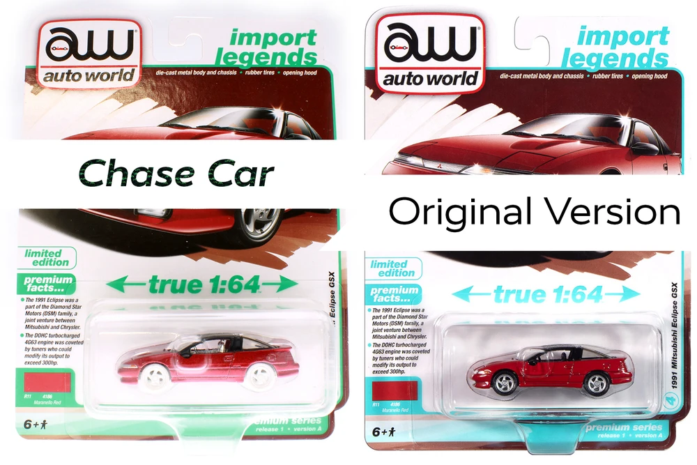 CHASE CAR 1991 Mitsubishi Eclipse GSX, Maranello Red - Auto World AW64502/12A - 1/64 Scale Diecast Model Car