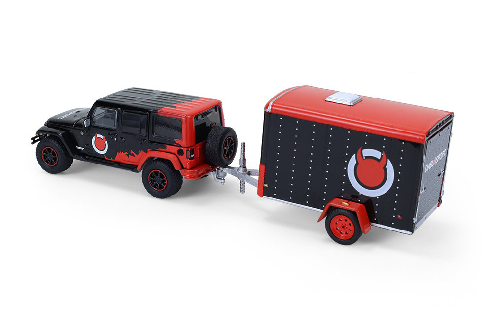 2012 Jeep Wrangler Unlimited "Diablo Sport" w/Small Cargo Trailer, Black/Red - Greenlight 32330C/24 - 1/64 Scale Diecast Model Toy Car