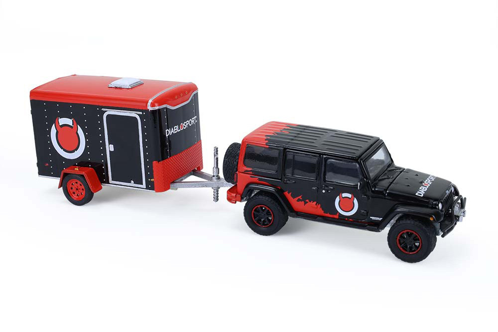 2012 Jeep Wrangler Unlimited "Diablo Sport" w/Small Cargo Trailer, Black/Red - Greenlight 32330C/24 - 1/64 Scale Diecast Model Toy Car