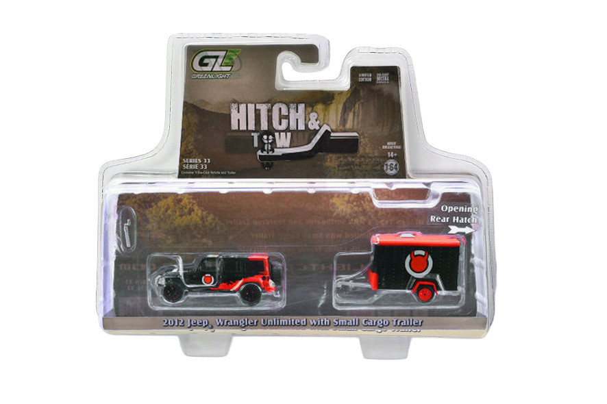2012 Jeep Wrangler Unlimited "Diablo Sport" w/Small Cargo Trailer, Black/Red - Greenlight 32330C/24 - 1/64 Scale Diecast Model Toy Car