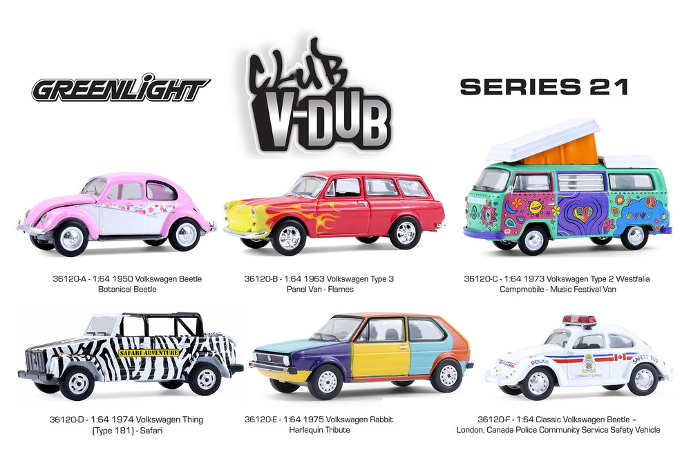 Box of 6 Club V-DUB Series, 21 Assortment - Greenlight 36120/6 - 1/64 Scale Diecast Model Toy Cars