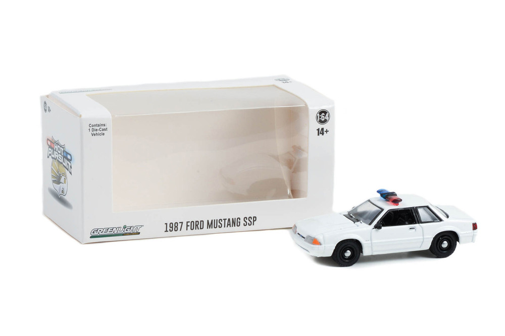 1987 Ford Mustang SSP w/Police Lights, White - Greenlight 43008/100 - 1/64 Scale Diecast Model Toy Car