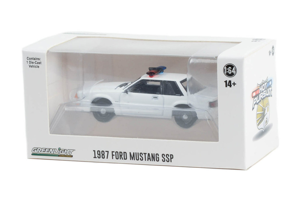 1987 Ford Mustang SSP w/Police Lights, White - Greenlight 43008/100 - 1/64 Scale Diecast Model Toy Car