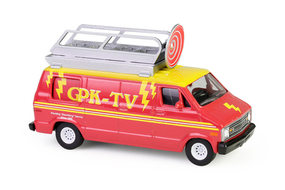 1976 Dodge B-100 w/Roof Mounted Satellite Dish "Dish Grace", Red/Yellow - Greenlight 54110D/48 - 1/64 Scale Diecast Model Toy Car