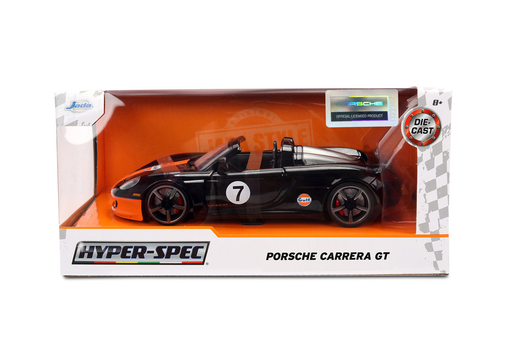 2005 Porsche Carrera GT Convertible #7 "Gulf Oil", Black/Orange - Jada Toys 36487 - 1/24 Scale Diecast Model Toy Car