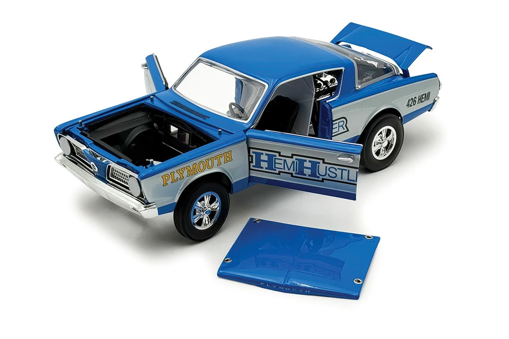 1966 Plymouth Barracuda "Hemi Hustler", Blue/White - Acme A1806138 - 1/18 Scale Diecast Model Toy Car