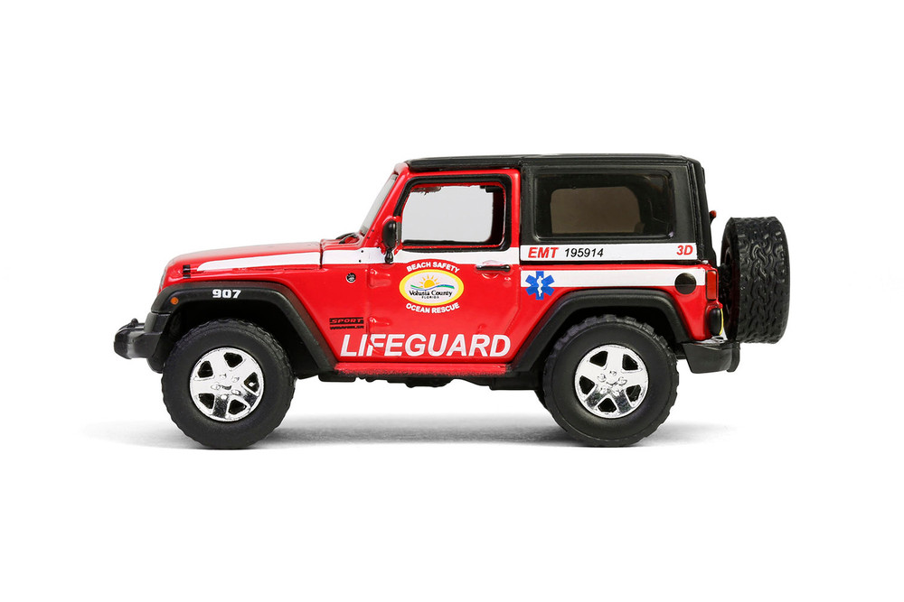2011 Jeep Wrangler "Volusia County Florida Beach Safety Ocean Rescue Lifeguard/EMT", Red - Greenlight 67060E/48 - 1/64 Scale Diecast Model Toy Car