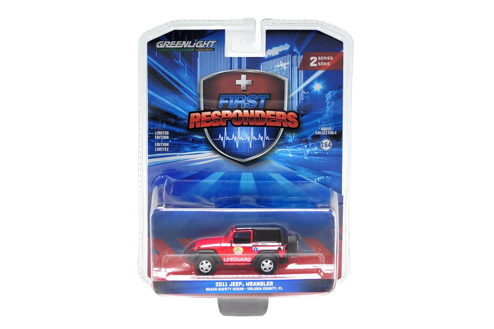 2011 Jeep Wrangler "Volusia County Florida Beach Safety Ocean Rescue Lifeguard/EMT", Red - Greenlight 67060E/48 - 1/64 Scale Diecast Model Toy Car
