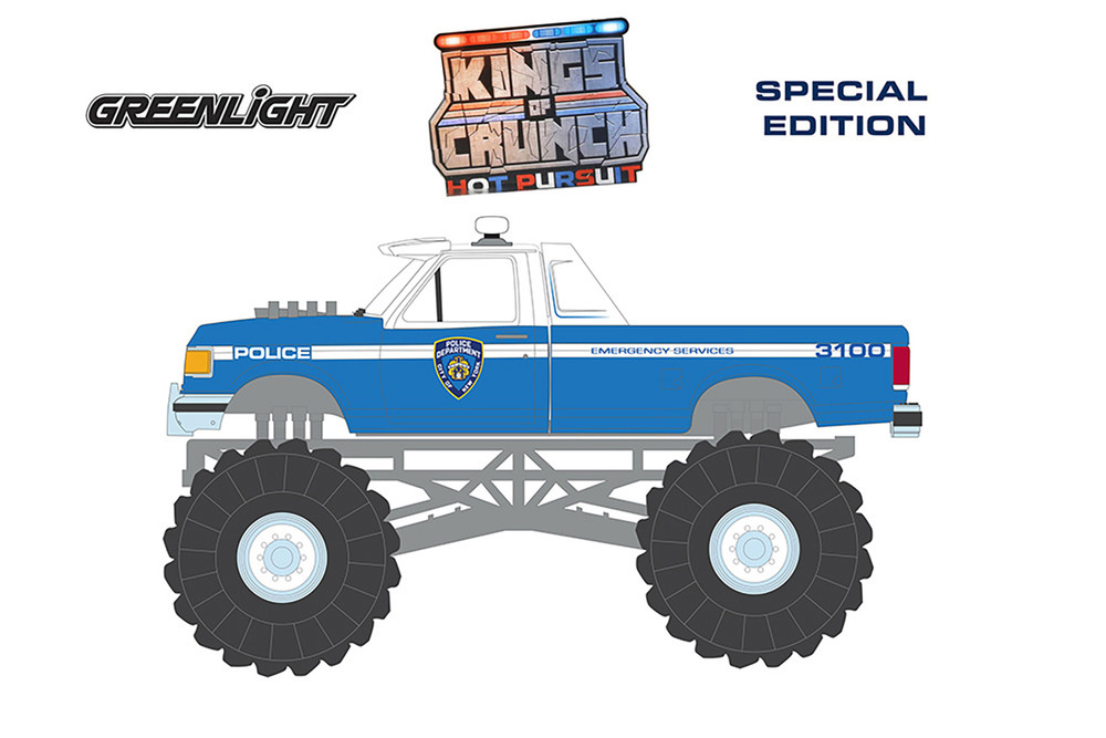 1990 Ford F-350 Monster Truck "NYPD (New York Police Department)", Blue/White - Greenlight 49170E/48 - 1/64 Scale Diecast Model Toy Car