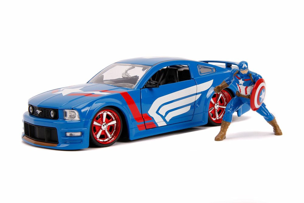 2006 Ford Mustang GT with Captain America Figure, Blue - R-23888 - 1/24 Scale Diecast Model Toy Car