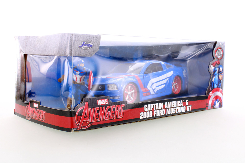 2006 Ford Mustang GT with Captain America Figure, Blue - R-23888 - 1/24 Scale Diecast Model Toy Car