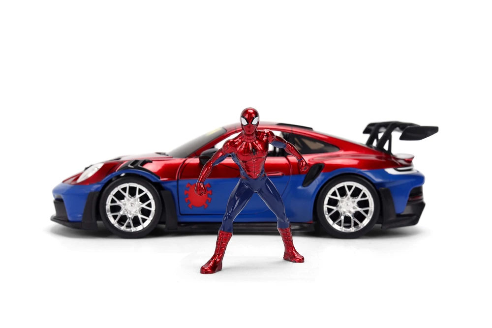 Porsche 911 GT3 RS (992) w/Spiderman Figure, Red/Blue - Jada Toys 37442 - 1/24 Scale Diecast Model Toy Car