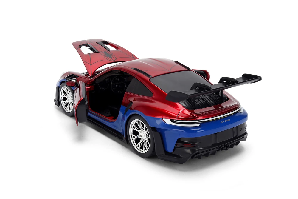 Porsche 911 GT3 RS (992) w/Spiderman Figure, Red/Blue - Jada Toys 37442 - 1/24 Scale Diecast Model Toy Car