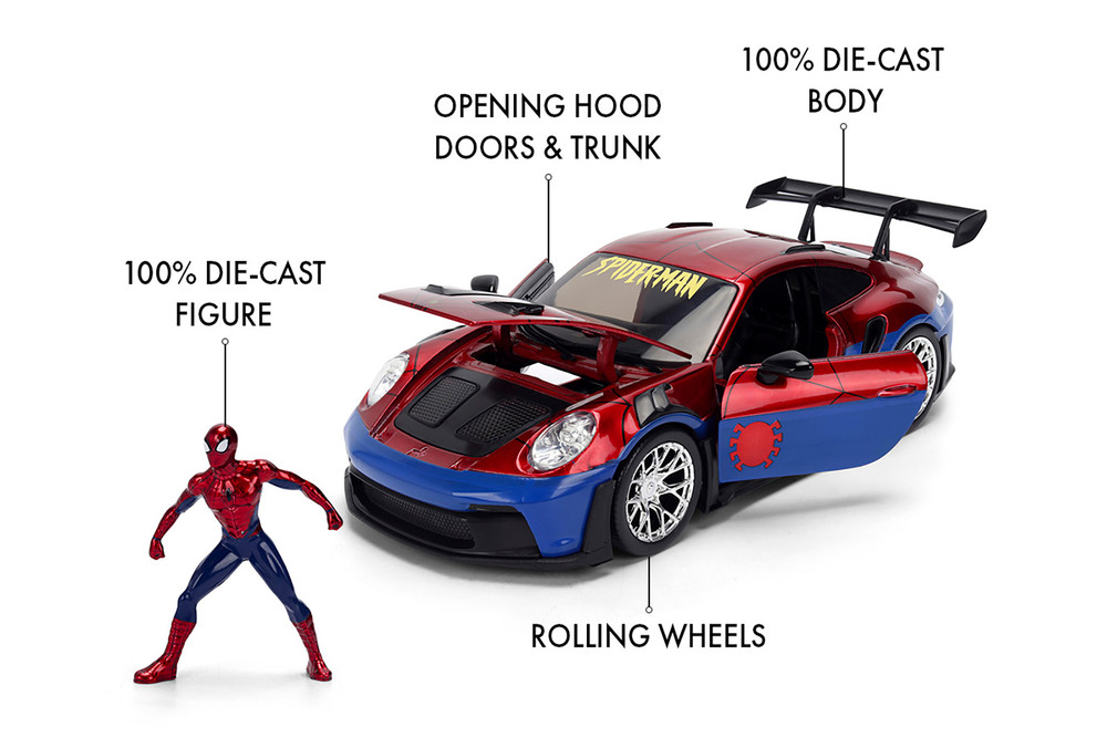 Porsche 911 GT3 RS (992) w/Spiderman Figure, Red/Blue - Jada Toys 37442 - 1/24 Scale Diecast Model Toy Car