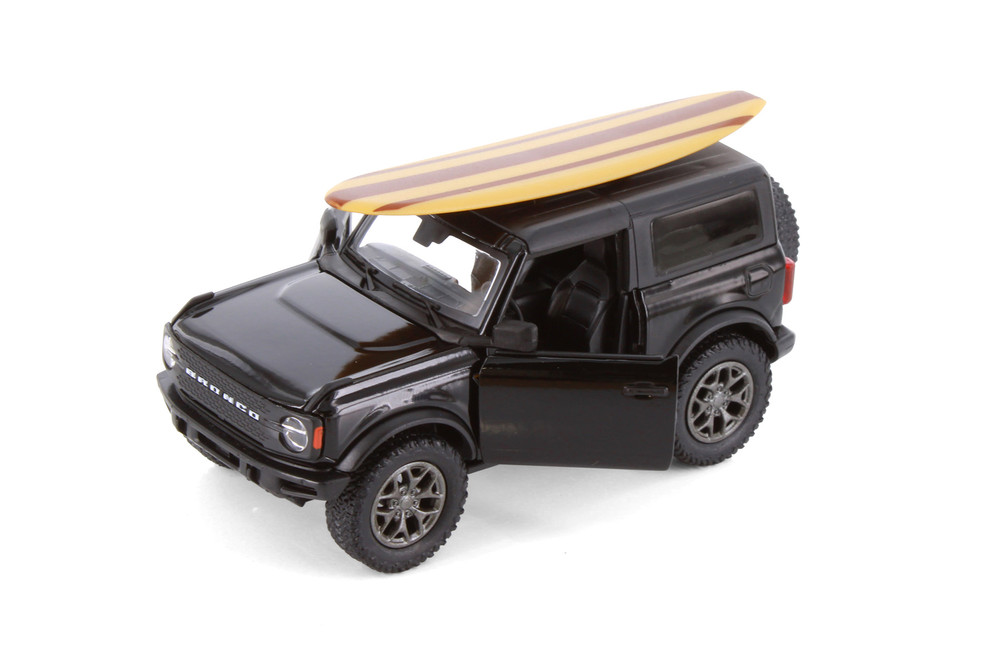 2022 Ford Bronco w/Surfboard, Black - Kinsmart 5438DS1 - 1/34 Scale Diecast Model Toy Car