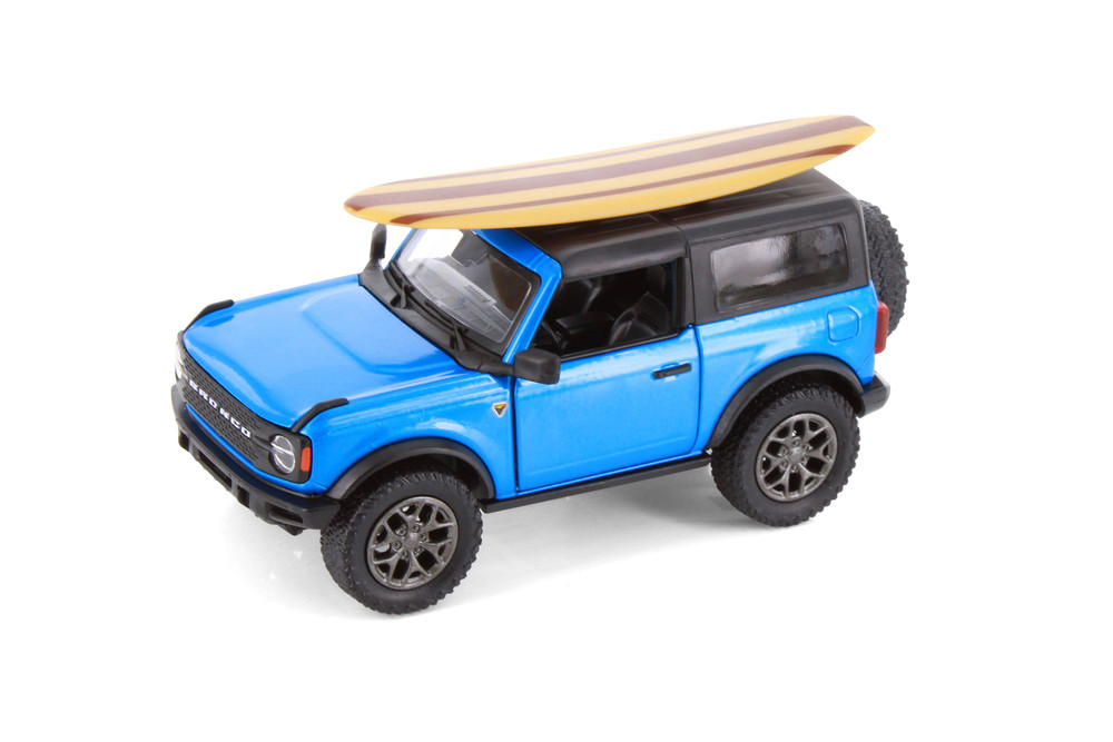 2022 Ford Bronco w/Surfboard, Blue - Kinsmart 5438DS1 - 1/34 Scale Diecast Model Toy Car