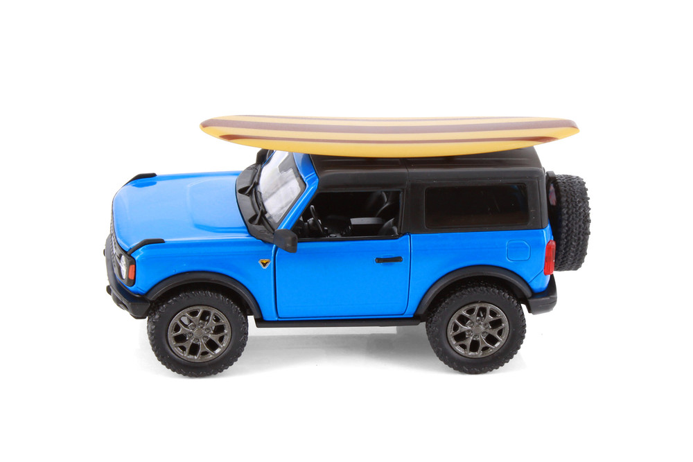 2022 Ford Bronco w/Surfboard, Blue - Kinsmart 5438DS1 - 1/34 Scale Diecast Model Toy Car