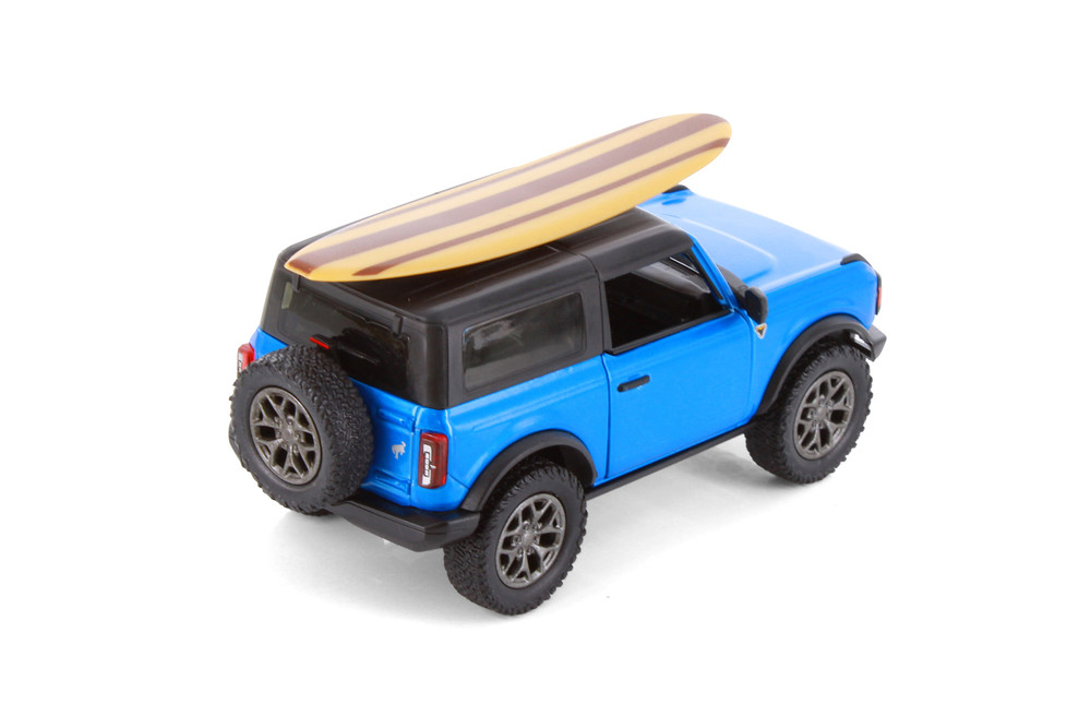 2022 Ford Bronco w/Surfboard, Blue - Kinsmart 5438DS1 - 1/34 Scale Diecast Model Toy Car