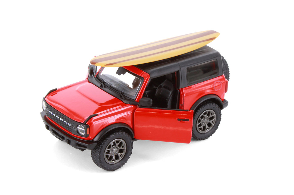 2022 Ford Bronco w/Surfboard, Red - Kinsmart 5438DS1 - 1/34 Scale Diecast Model Toy Car