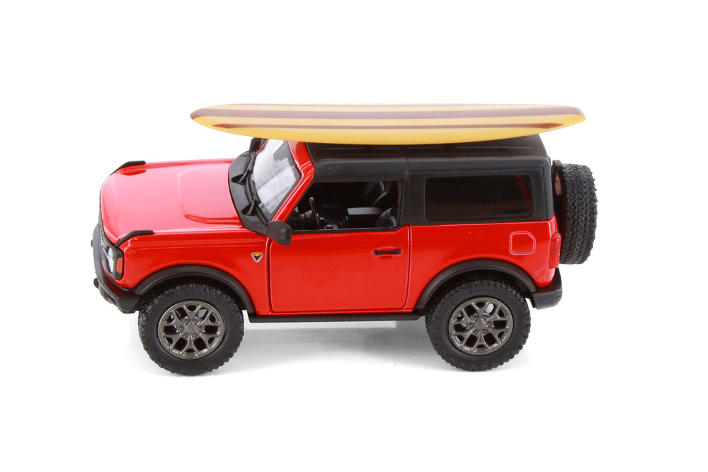 2022 Ford Bronco w/Surfboard, Red - Kinsmart 5438DS1 - 1/34 Scale Diecast Model Toy Car