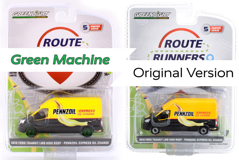 GREEN MACHINE 2019 Ford Transit LWB High Roof Van, Yellow - Greenlight 53050C/48 - 1/64 Scale Diecast Car