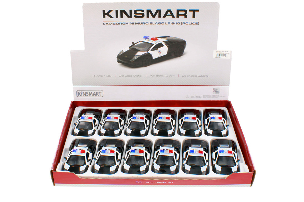 Box of 12 Lamborghini Murcielago LP640 Police, Black/White - Kinsmart 5317DP - 1/36 Scale Diecast Model Toy Cars