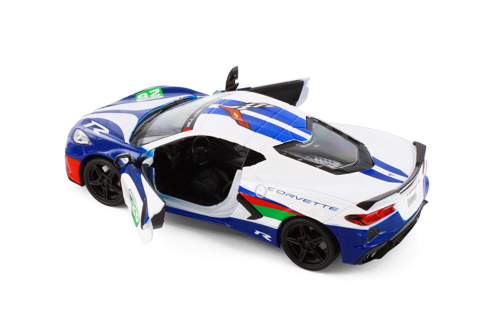 Box of 4 2020 Chevy Corvette #28 "GT Racing", White/Blue - Showcasts 73794D - 1/24 Scale Diecast Model Toy Car