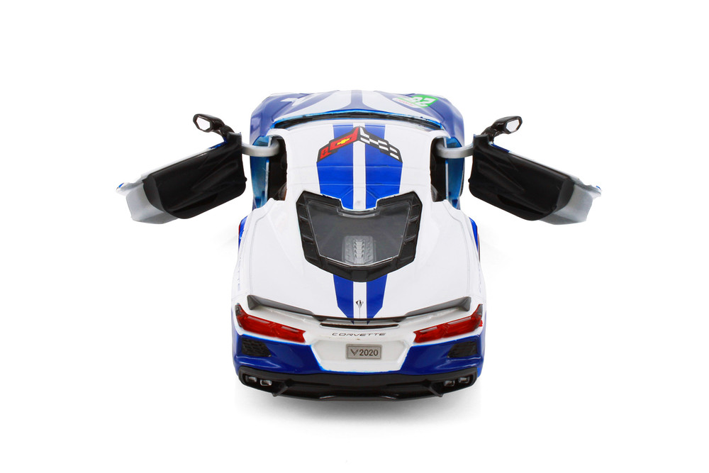 Box of 4 2020 Chevy Corvette #28 "GT Racing", White/Blue - Showcasts 73794D - 1/24 Scale Diecast Model Toy Car
