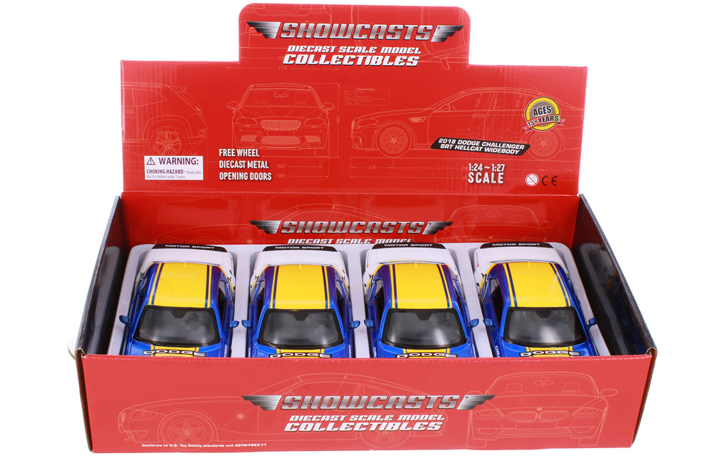 Box of 4 2018 Dodge Challenger SRT Hellcat Widebody #284 "GT Racing", Blue - Showcasts 73792D - 1/24 Scale Diecast Model Toy Cars