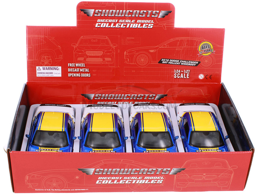 Box of 4 2018 Dodge Challenger SRT Hellcat Widebody #284 "GT Racing", Blue - Showcasts® 73792D - 1/24 Scale Diecast Model Toy Cars