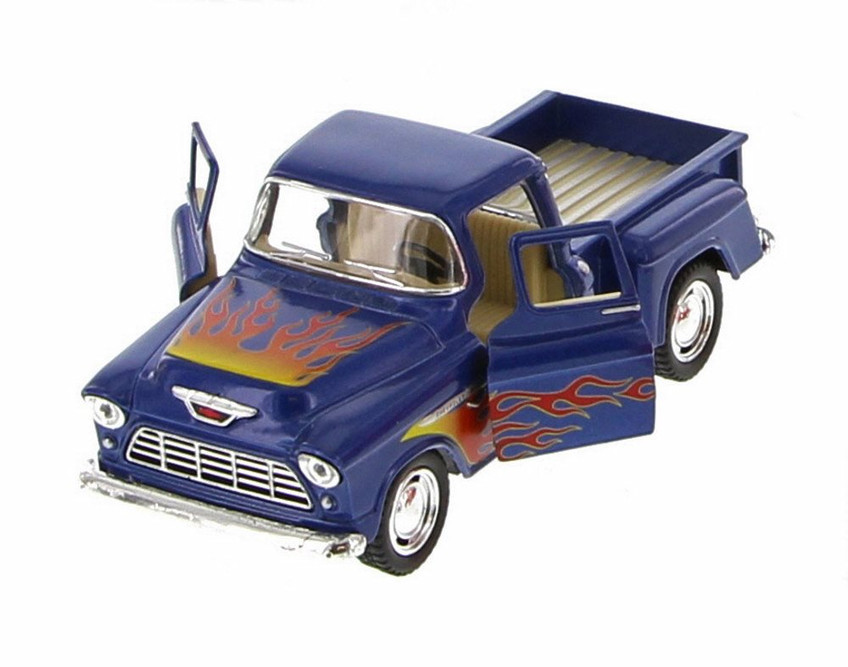 1955 Chevy Stepside Pickup with Flames, Blue with Flames - Kinsmart 5330DF - 1/32 Scale Diecast Model Replica (Brand New, but NOT IN BOX)