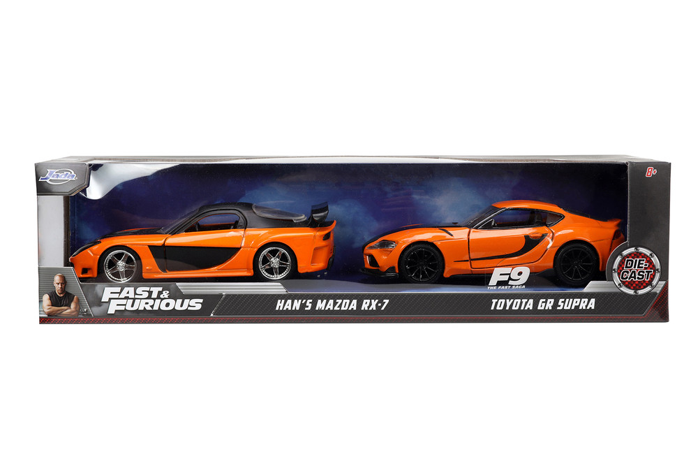 Twin Pack Han's 2020 Mazda RX-7 & Toyota GR Supra, Orange/Black - Jada Toys 32910 - 1/32 Scale Diecast Model Toy Car
