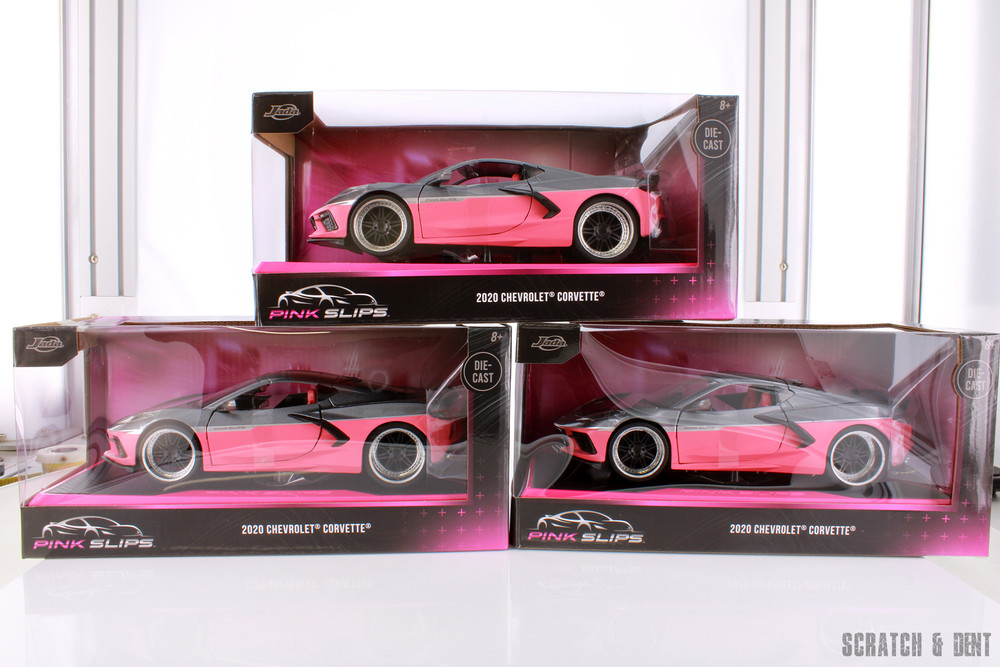 3-Pack 2020 Chevy Corvette Stingray w/Display Base, Metallic Gray /Pink - Jada Toys R-23924 - 1/24 Scale Car