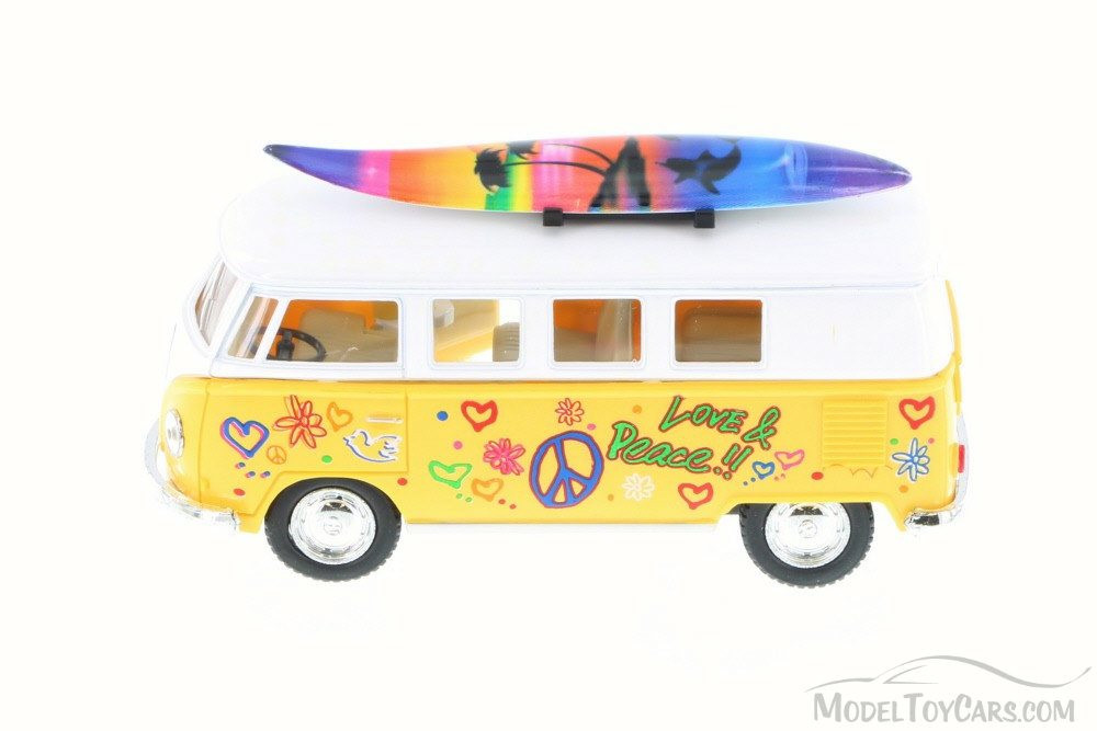 1962 Volkswagen Classic Bus w/ Surfboard & decals, Yellow - Kinsmart 5060DS - 1/32 Scale Diecast Toy Car (Brand New, but NOT IN BOX)