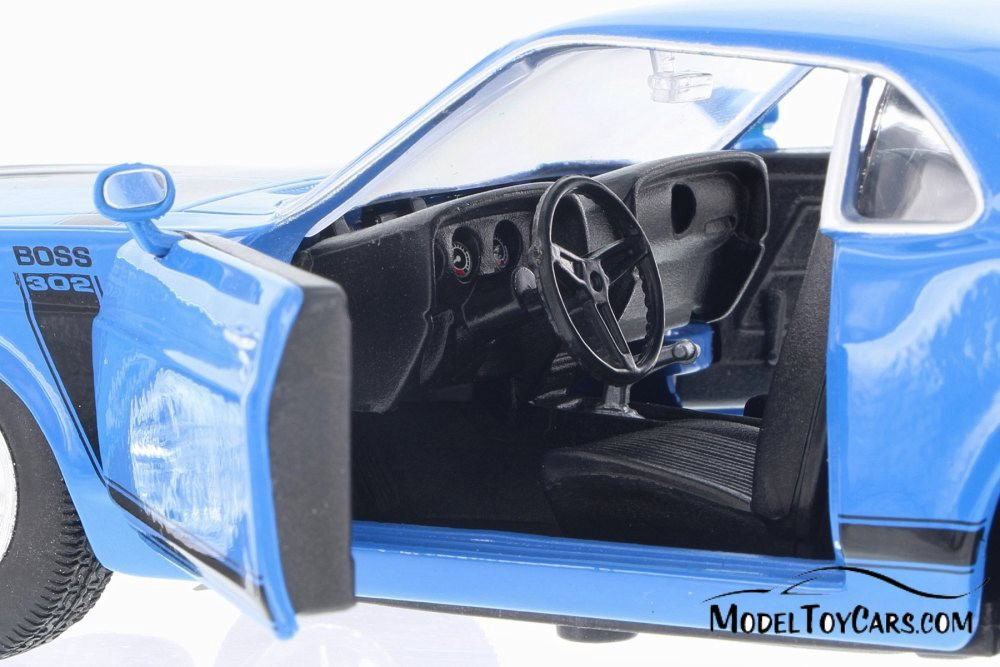 1970 Ford Mustang Boss 302, Blue w/ Black - Welly 22088WBU - 1/24 Scale Diecast Model Toy Car
