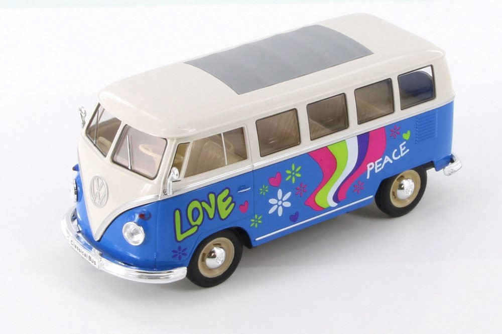 1963 Volkswagen Classical T1 Bus w/ Love/Peace Decals, Blue - Welly 22095A1WBU - 1/24 Scale Diecast Model Toy Car