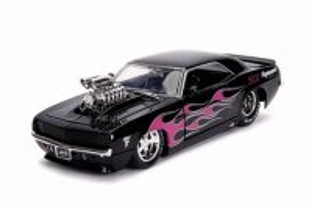 1969 Chevy Camaro with Engine Blower, Black with Pink Flames - Jada 30977DP1 - 1/24 scale Diecast Model Toy Car