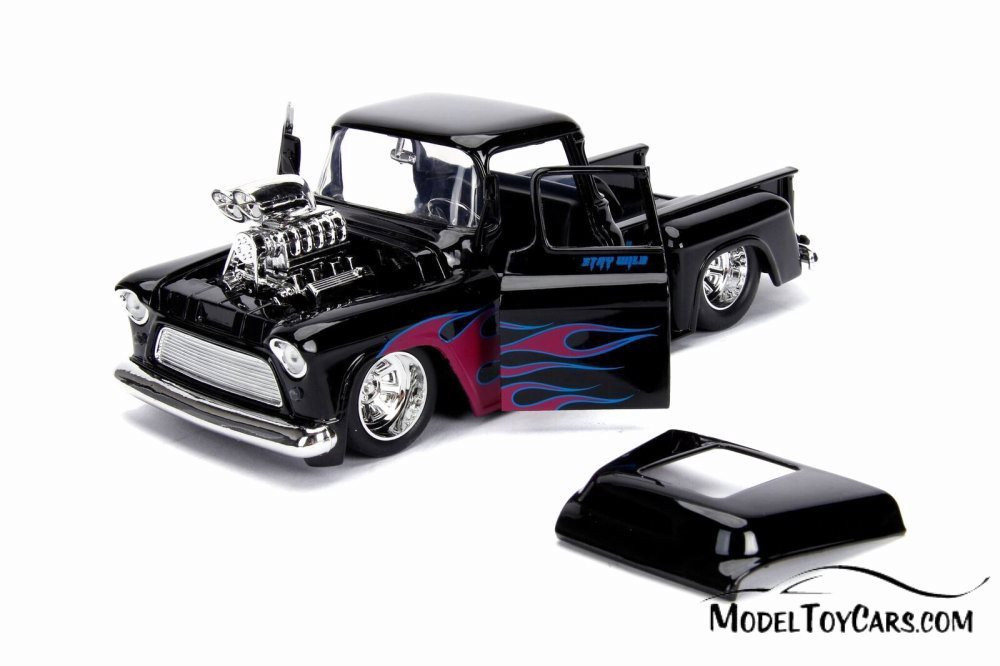 1955 Chevy Stepside Pickup, Glossy Black - Jada 30980DP1 - 1/24