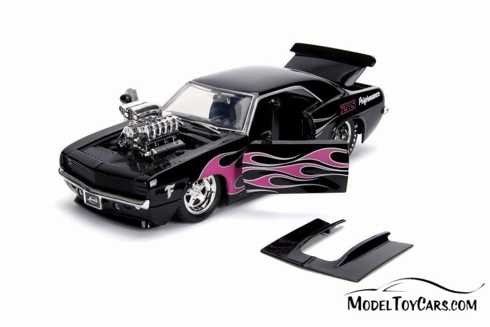 1969 Chevy Camaro with Engine Blower, Glossy Black with Pink Flames - Jada 30707 - 1/24 scale Diecast Model Toy Car