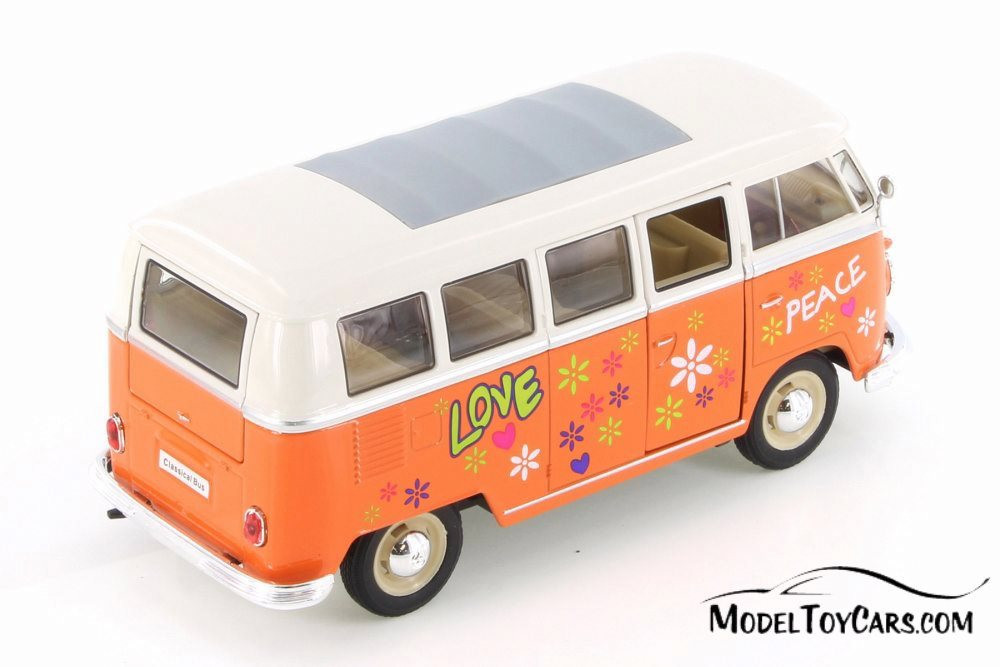 1963 Volkswagen Classical T1 Bus with Love/Peace Decals, Orange - Welly 22095A1/A3D - 1/24 scale Diecast Model Toy Car