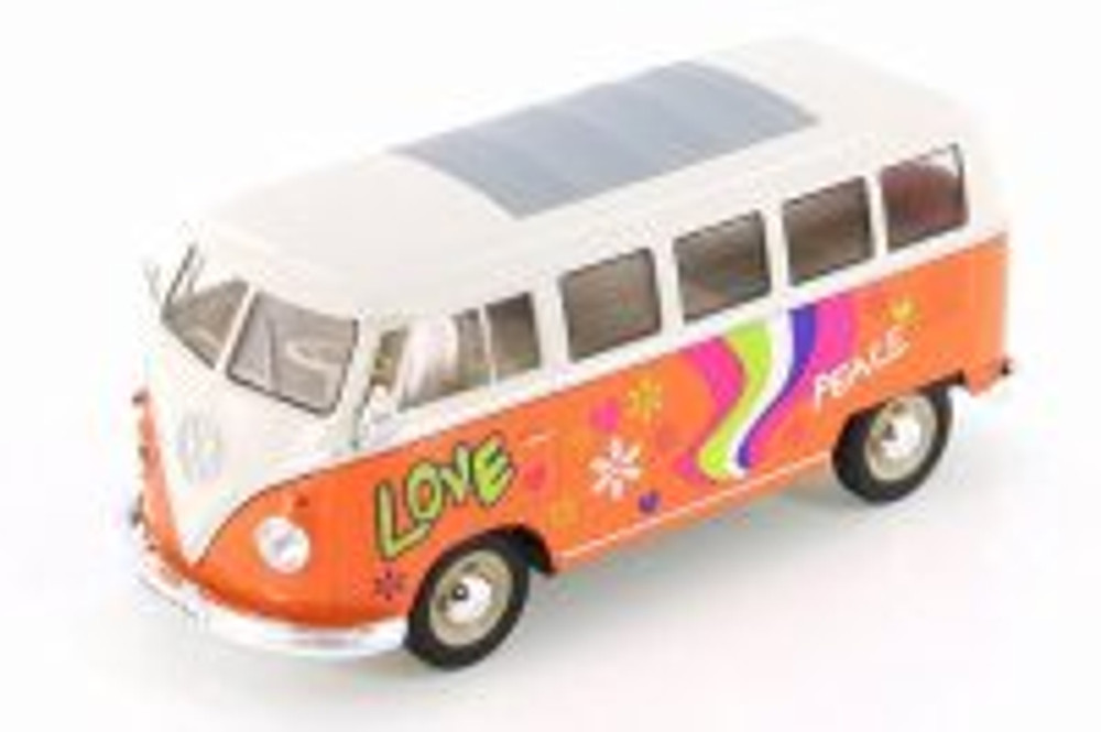 1963 Volkswagen Classical T1 Bus with Love/Peace Decals, Orange - Welly 22095A1/A3D - 1/24 scale Diecast Model Toy Car