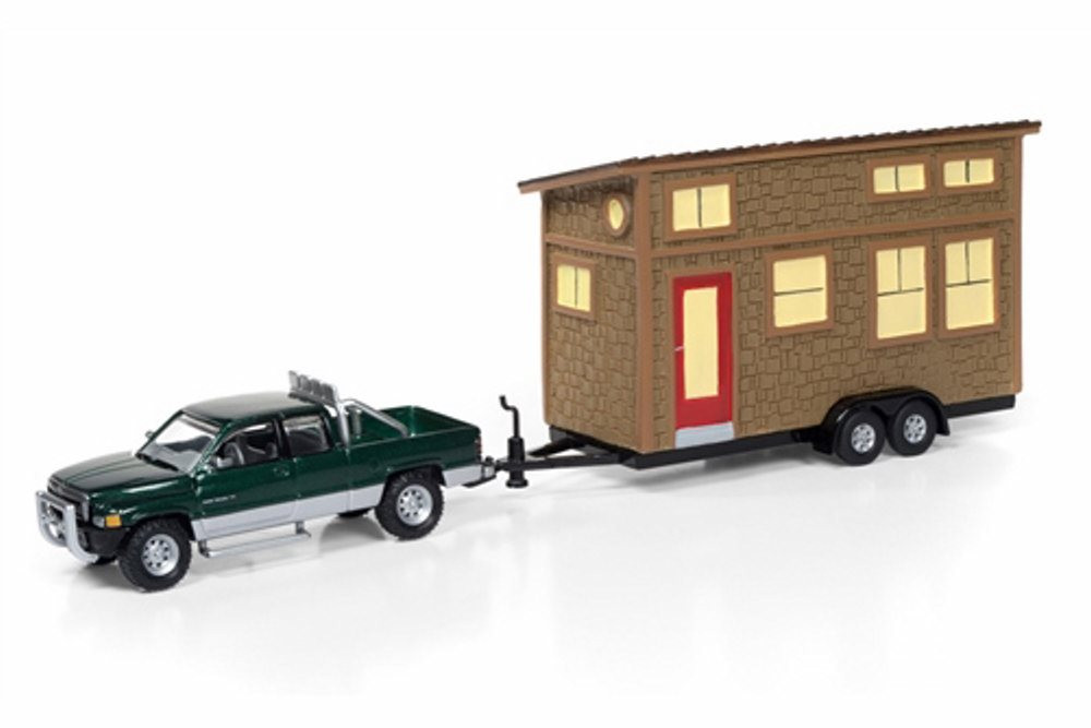 1996 Dodge Ram 1500 w/ Tiny House, Green - Round 2 JLTH001B - 1/64 Scale Diecast Model Toy Car